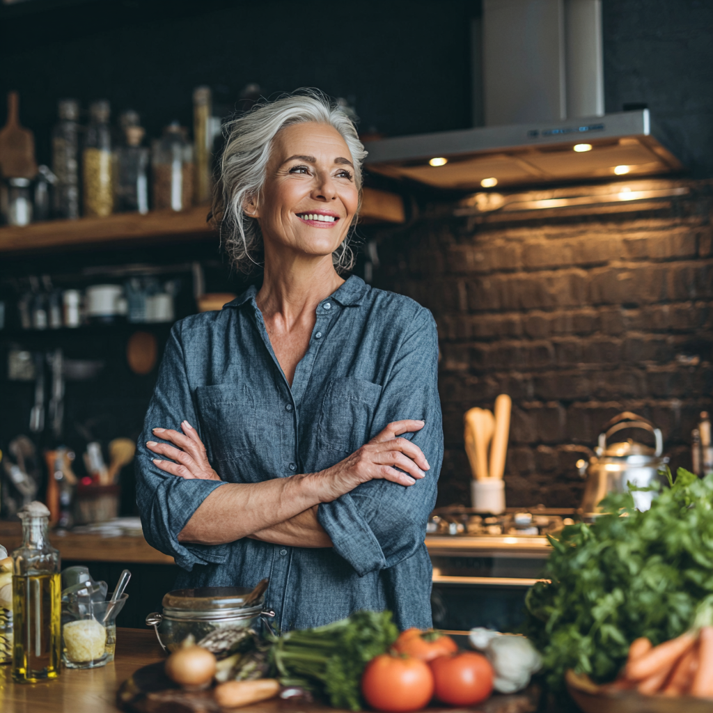 mature woman cooking healthy meal in modern kitchen looking satisfied and energetic