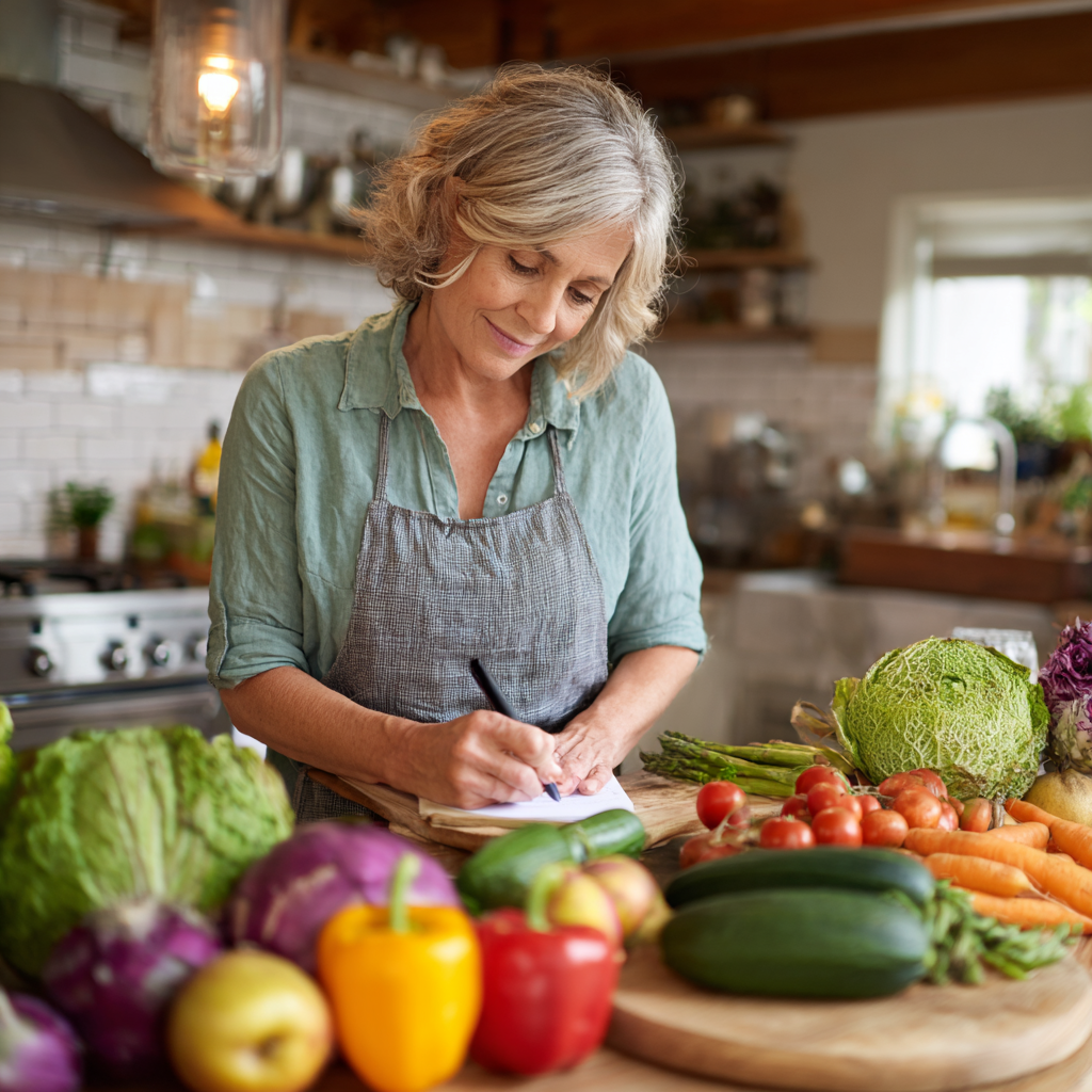 middle-aged woman planning healthy meals with fresh vegetables and fruits on kitchen counter